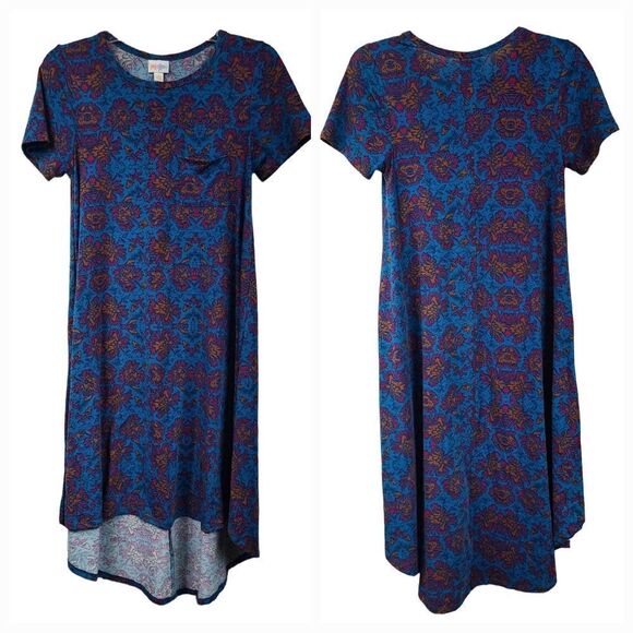 LuLaRoe Carly Dress Teal Floral Print Midi Pocket Hi-Low Butter Soft Casual - Picture 2 of 8